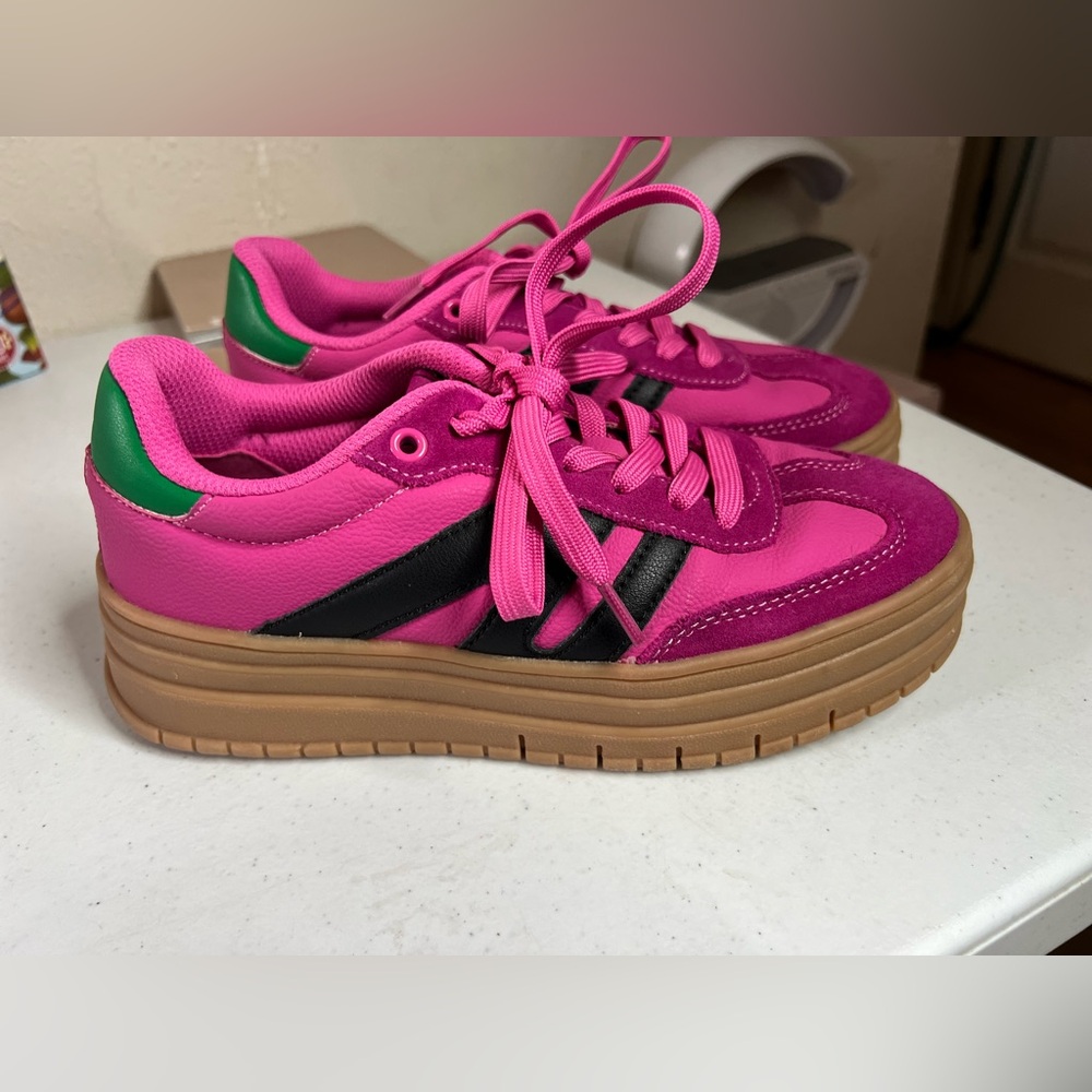 LUCKY STEP Women's Platform Sneakers Gum Sole Pink Retro Comfy Chunky US 7